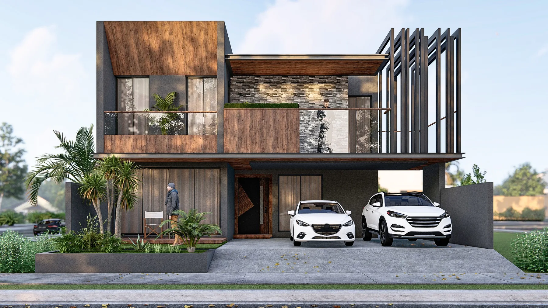 Modern residential elevation by Ayat Builders